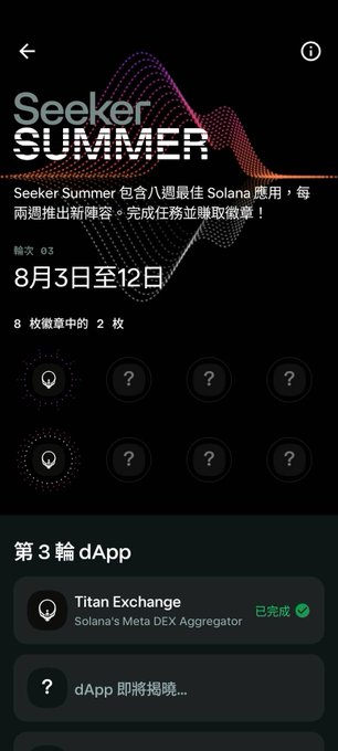 The image shows a "Seeker Summer" mission screen featuring 8 collectible badges, with the date range "8月3日至12日" (August 3-12) and days remaining: 03. It displays the third round dApp as "Titan Exchange - Solana's Meta DEX Aggregator" marked as completed (已完成), directly matching the post's instructions to download Titan Exchange and complete a swap as part of the Seeker Summer quest.