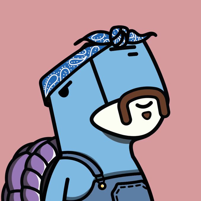 A digital illustration of an anthropomorphic blue blocky character wearing a blue paisley bandana and a purple backpack, depicted with a white face and brown hair on a solid pink background.