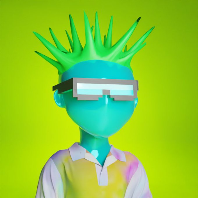 A vibrant 3D-rendered figure with spiked neon green hair, pixelated sunglasses, and a pastel-colored shirt poses against a bright green background. The image serves as a colorful, eye-catching profile avatar to promote the late-night giveaway for 7 guaranteed spots in the Robin Club NFT mint in collaboration with Robinhood.