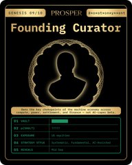 A vertical trading card titled 'Founding Curator' with the name 'PROSPER' and a silhouetted figure in an oval frame.