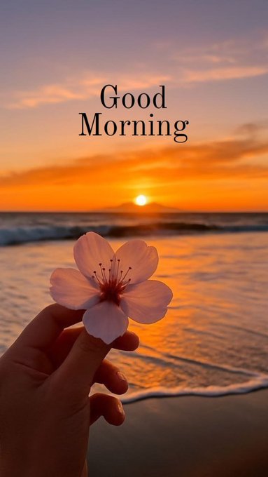 A hand holds a white cherry blossom flower up against a vibrant sunset over the ocean, with the text "Good Morning" displayed above.
