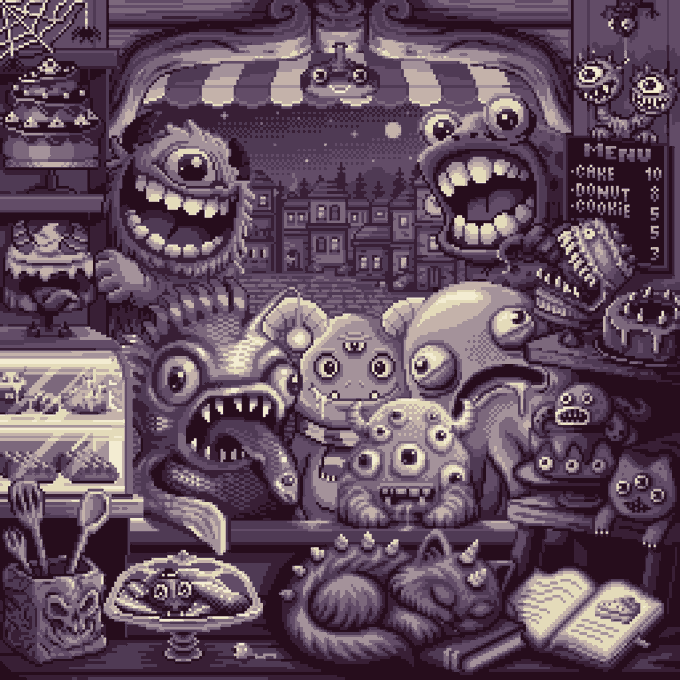 A pixel-art purple-toned monster bakery scene featuring various creepy creatures alongside cakes, donuts, and a menu listing "CAKE 10, DONUT 8, COOKIE 5," matching the "Monster Bakery" theme of the day #1102 mint at basepaint.xyz.