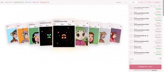The image shows a colorful NFT marketplace interface displaying a row of cards, including the highlighted "Reincarnated 65036" and other "TenThousandTokens" items with visible traits like "Background" and "Body" attributes, alongside token listings such as #1313, #1354, and #4403 with "FOR SALE" tags. The accompaniment from @Rhynotic reflects on how a featured NFT project, despite an initial bug, surged past a 30M market cap—an opportunity the poster missed by withdrawing too early.