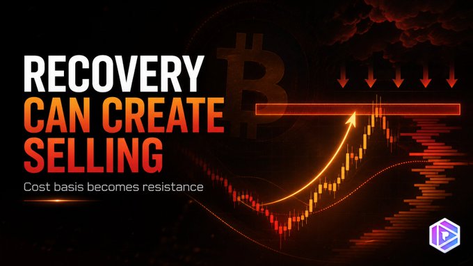 The image features a Bitcoin-themed graphic with bold text reading "RECOVERY CAN CREATE SELLING" alongside the subtitle "Cost basis becomes resistance." It displays a candlestick chart showing an upward price recovery trend, visually illustrating how Bitcoin's rebound toward ETF holders' break-even levels triggers selling pressure as mentioned in the post.