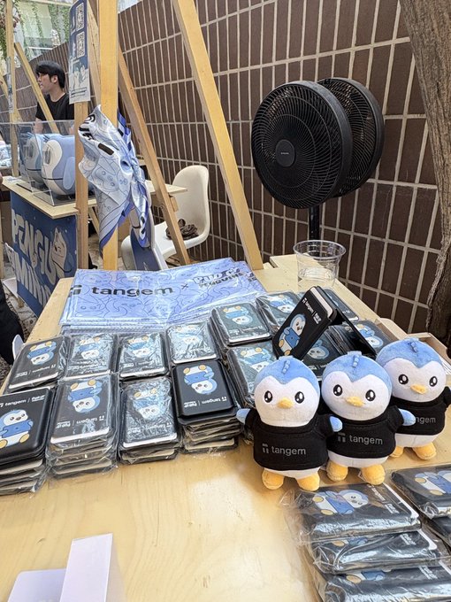 A display table at an event showing Tangem-branded merchandise, including packaged card-shaped crypto wallets and blue penguin plush toys, with a fan visible in the background.