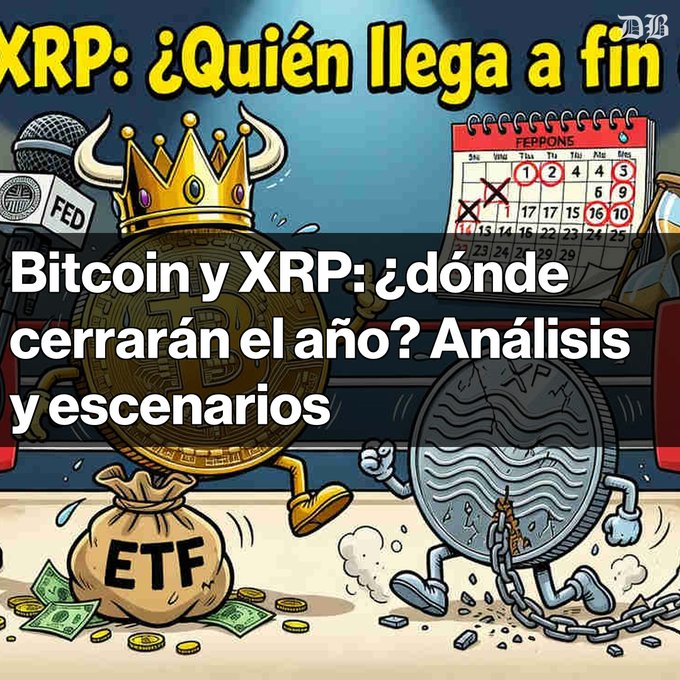A Spanish-language graphic titled 'Bitcoin y XRP: ¿dónde cerrarán el año? Análisis y escenarios' features cartoon Bitcoin and XRP coins with crowns, ETFs, and a calendar.