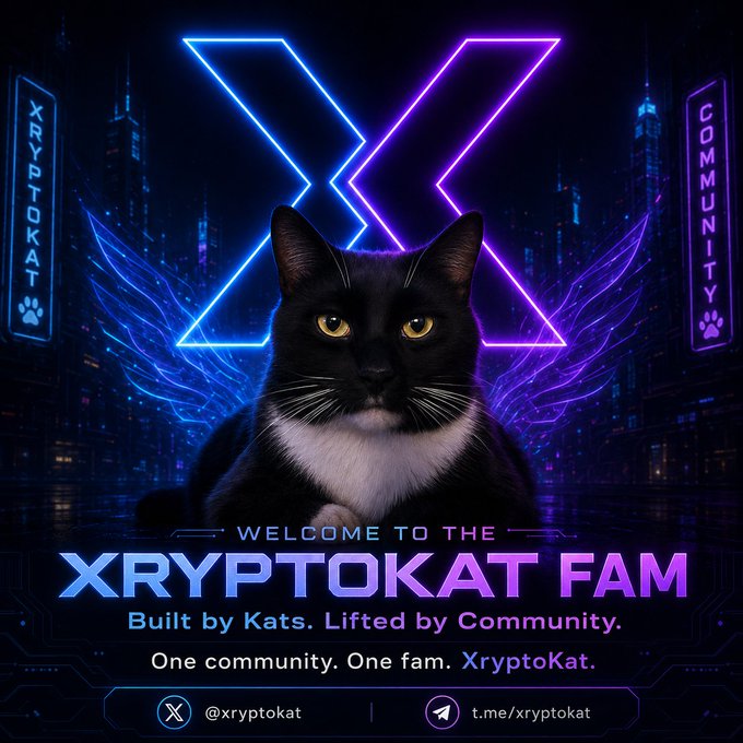 Neon-styled promotional graphic reading 'Welcome to the XryptoKat Fam - Built by Kats. Lifted by Community.' featuring a black and white cat with glowing blue and purple wings.