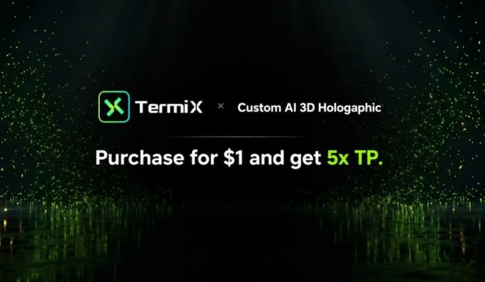 A dark promotional banner for TermiX displaying 'Custom AI 3D Holographic' and offering 'Purchase for $1 and get 5x TP,' set against a background of green sparkling particles.