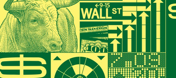 A green-toned financial graphic features a bull wearing a Wall Street-style hat alongside a rising bar chart, "$100" bills, the text "WALL ST" and numbers "9-15," symbolizing bullish market momentum. This imagery of stock market growth visually reinforces the post's discussion of a new ICE token with dividend-paying features in the RWA (Real World Assets) sector.