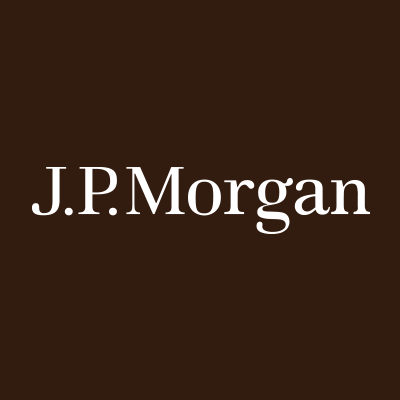 A dark brown background displays the white "J.P. Morgan" logo, visually representing the bank's strong second-quarter earnings beat highlighted in the post, which notes adjusted EPS of $7.70 and revenue of $57.35 billion.