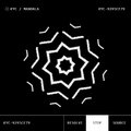 A black and white symmetrical geometric pattern resembling a kaleidoscope or mandala is displayed against a black background.