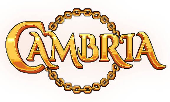 A pixel-art style logo spelling 'CAMBRIA' in ornate golden letters encircled by a chain against a light gray background.
