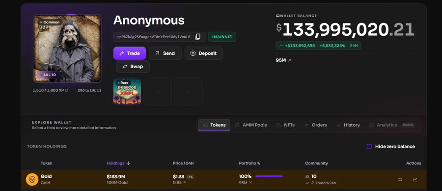 A cryptocurrency wallet interface for an 'Anonymous' account showing a wallet balance of $133,995,020.21 on Mainnet, with token holdings including 1,510 9SM tokens and $133.9M Gold (100M Gold).