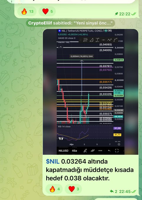 A screenshot of a trading chart for $NIL/TetherUS perpetual futures on Binance shows the price above 0.03264 with a short-term target of 0.038, illustrating the continued upward movement of the $NIL signal shared on the Telegram channel.