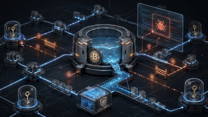 A futuristic 3D rendering depicts a secure Bitcoin cryptocurrency storage system, featuring a central vault with a Bitcoin symbol, surrounded by a circuit board with interconnected nodes, keys, and shields, with a holographic screen displaying a bug icon indicating cybersecurity measures.