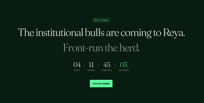 A dark webpage for 'REYA v2 (Beta)' with the headline 'The institutional bulls are coming to Reya. Front-run the herd.' and a countdown timer showing 4 days, 11 hours, 45 minutes remaining above a green 'Connect Wallet' button.