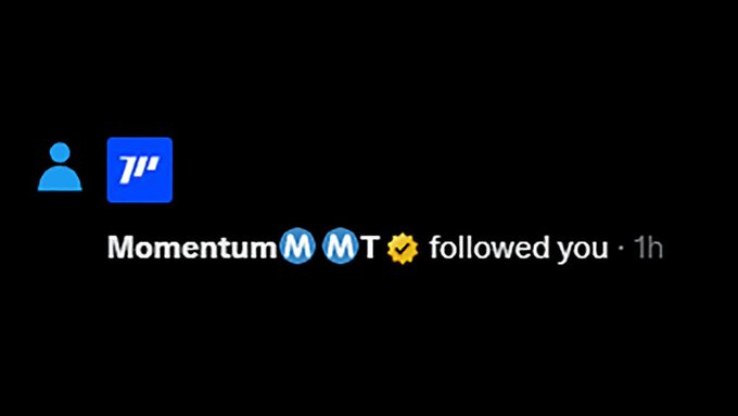 The image features a black background with white text that reads "Momentum MTM followed you 1 h". The text is written in a blue font, which stands out against the black background. The message seems to be promoting or congratulating someone on their work or achievements.