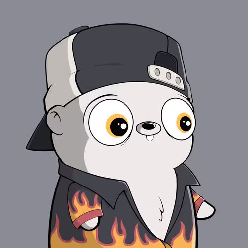 A cartoon illustration of a wide-eyed animal character wearing a backwards cap and a flame-patterned jacket.