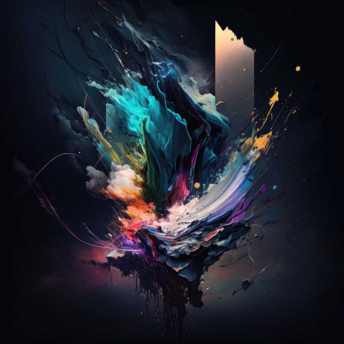 An abstract digital artwork featuring a vibrant explosion of teal, blue, orange, pink, and yellow colors swirling around a bright central light against a dark background.