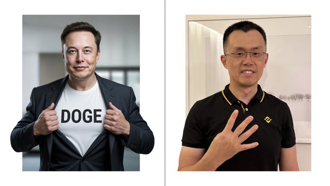 The image features two men standing next to each other with their arms raised in the air. One of them has his shirt unbuttoned, revealing a T-shirt underneath that says "DOGE". The other man is wearing glasses and a black polo shirt. Both men are smiling for the camera, creating an interesting contrast between casual and formal attire.