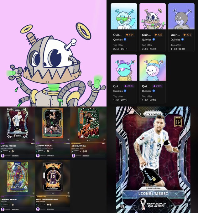 The image features a collage of various images, including a cartoon robot with a green face and arms, a poster for a soccer player named Lorne messi, and a collection of different cards related to Panini Blockchains. The collage is arranged in a grid format, with each item placed next to one another on the image.