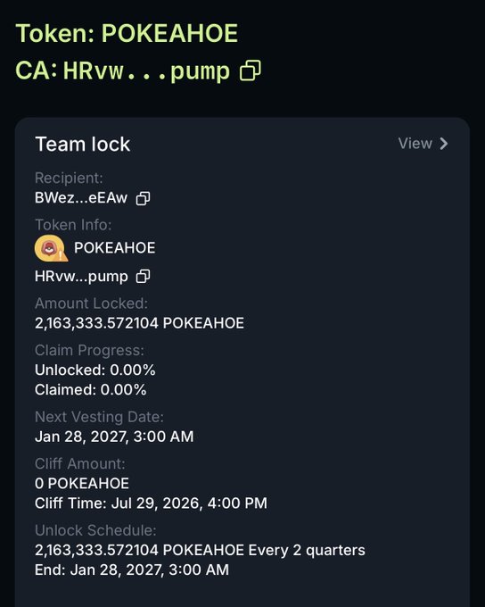 A screenshot of a token lock interface on Jupiter Exchange showing a POKEAHOE token (CA: HRvw...pump) being locked with 2,163,333.572104 POKEAHOE locked for recipient BWez...eEAw, featuring an unlock schedule of "Every 2 quarters" ending January 28, 2027. The image illustrates the creator's transition to Jupiter Exchange for token locking, as mentioned in the accompanying post.