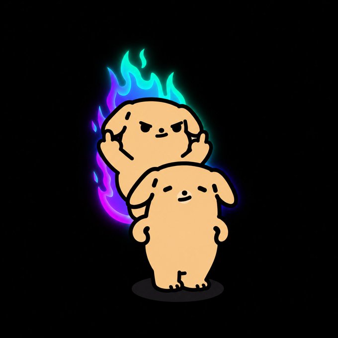A digital illustration of two cartoon characters—a smaller tan figure standing on the shoulders of a larger tan figure—surrounded by glowing blue and purple flames against a black background.