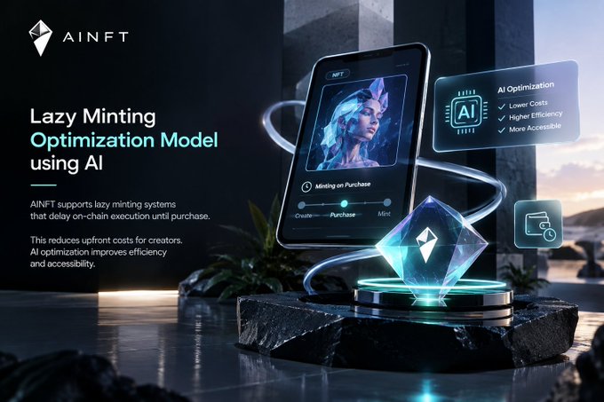 An advertisement graphic for 'AINFT' featuring text about a 'Lazy Minting Optimization Model using AI' with benefits like 'Lower Costs' and 'Higher Efficiency'.