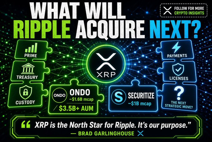 A crypto-themed graphic asking 'WHAT WILL RIPPLE ACQUIRE NEXT?' with the XRP logo in the center, surrounded by puzzle pieces suggesting targets like Ondo ($3.5B+ AUM) and Securitize ($1B mcap), and a quote from Brad Garlinghouse.