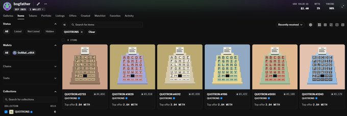 A Bogfather NFT marketplace interface showing a collection called 'QUOTIONS' with six items listed at 2.84 METH each, featuring various colored letter blocks.