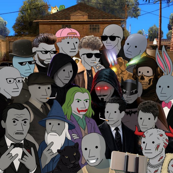 A group shot of diverse NPC meme characters—including the Joker, a wizard, and various gray-faced figures—gathered together, with a small cat peering from a rooftop in the background, visually representing the "$NPC supercycle" community of memecoin enthusiasts.