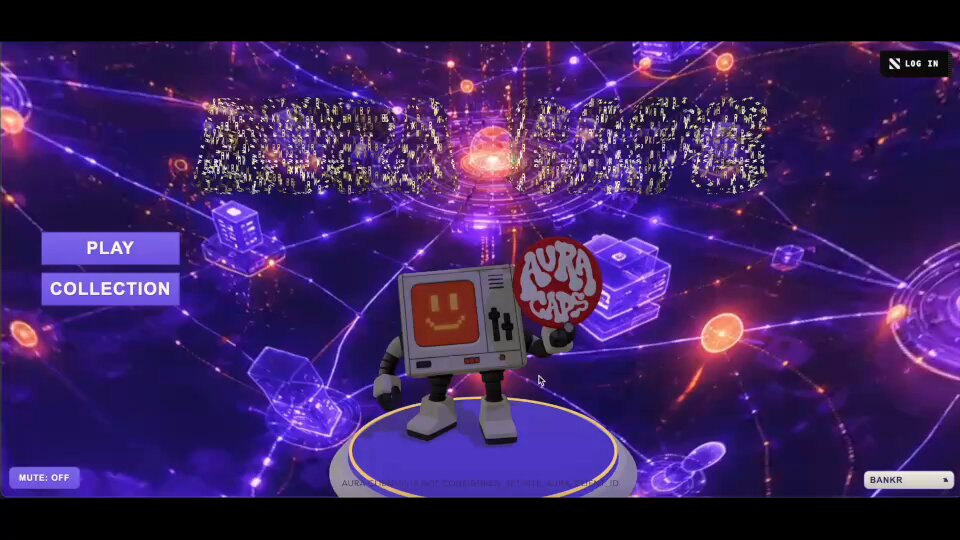 The image shows a cartoon character, specifically a robot or a computer game character, standing next to a purple screen with a gaming logo. The character has a smiley face and is holding a red sign that says "Goat @bankrbot". The background of the image features a purple screen with various elements on it, including text and logos related to gaming and banking.