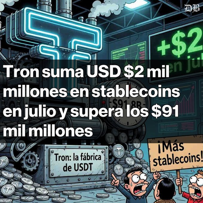 A cartoon-style crypto news graphic stating "Tron suma USD $2 mil millones en stablecoins en julio y supera los $91 mil millones," showing a money-printing machine with cartoon figures holding signs.