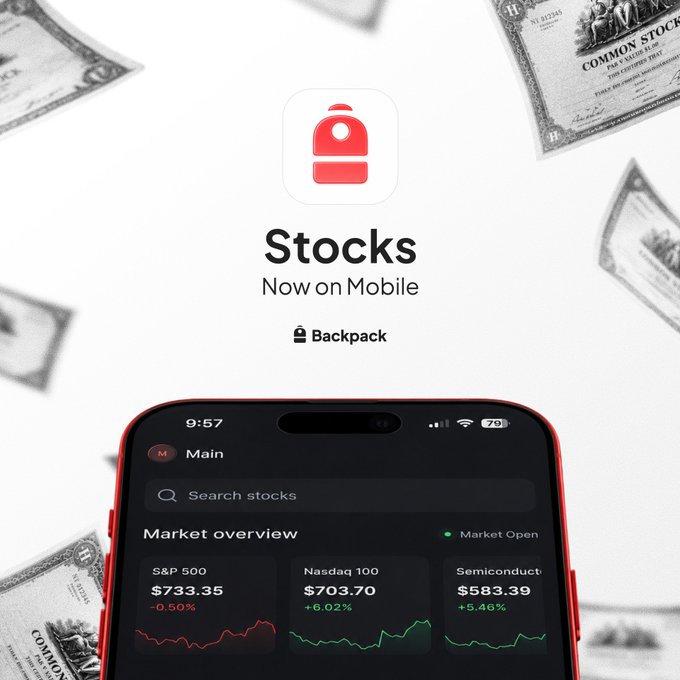 In the image, a cell phone shows its screen with a social media app displaying the stock market information for Bitcoin, which is @Backpack's symbol. The app provides details of the price trends and other important financial data. A text overlay on the phone indicates that the app allows users to explore options such as trading Bitcoins and analyzing the stock market using smart contracts. The post also mentions that these options are in beta testing or could be available for purchase soon, suggesting that they might be more advanced features than what is currently visible on the cell phone screen.