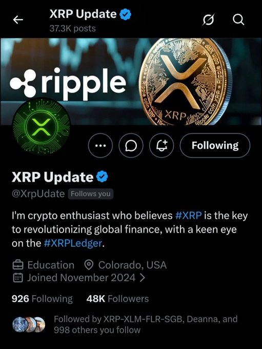 The image shows the X (Twitter) profile page for "XRP Update" (@XrpUdate), a verified crypto account with 48K followers and 37.3K posts, self-described as an XRP enthusiast focused on the XRPLedger. The profile features Ripple branding and an XRP coin graphic, and it serves as the visual being shared in the post to promote and give a shoutout to the account.