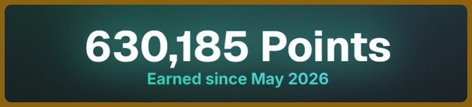 The image displays a dark green and black banner highlighting "630,185 Points Earned since May 2026." 

This graphic corresponds to the post's final summary line, visually emphasizing the total combined points—158,985 from lending plus 471,200 from bonus spins—accumulated from one month of holding approximately $130 in YieldMax's $STRCx.