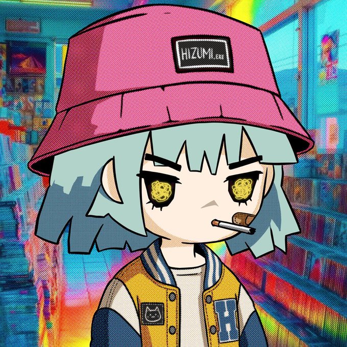 An anime-style chibi character with mint green hair, yellow atomic-patterned eyes, and a cigarette wears a pink bucket hat labeled "HIZUMI.CRC" and a yellow varsity jacket, set against a vibrant cyberpunk arcade background with rainbow glitch effects—imagery representing the @hizuminft NFT collection featured in the giveaway.