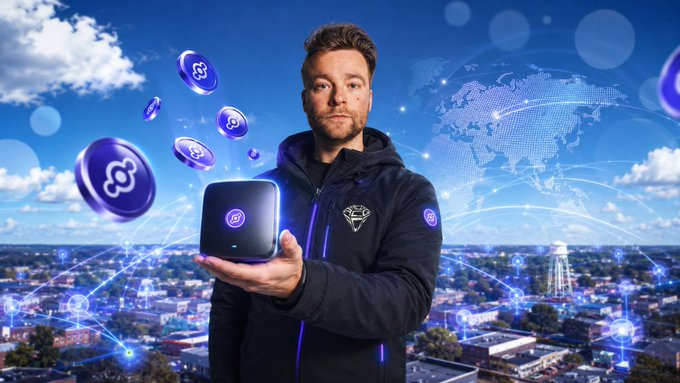 A man wearing a Helium-branded jacket holds up a black Helium hotspot device, with floating Helium (HNT) tokens and a digital world map against a cityscape backdrop illustrating the global, wireless nature of the network. The imagery visually reinforces the post's excitement about $HNT's 194%+ surge and the expansion of the Helium network in 2026.