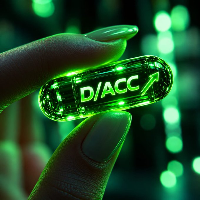 A hand with green-painted nails holds a glowing green capsule displaying 'D/ACC' with an upward arrow against a bokeh-lit green background.
