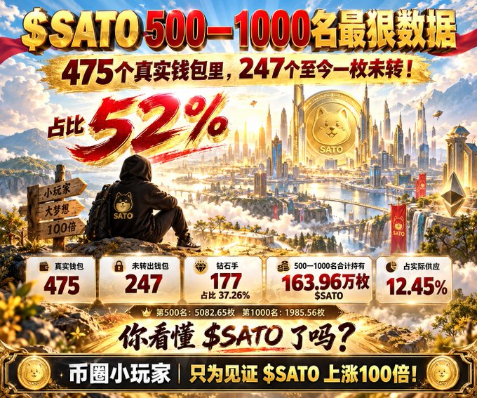 A Chinese promotional graphic for '$SATO' cryptocurrency showing statistics: 500-1000 holders, 475 real wallets, 247 untransferred, 177 diamond hands (37.26%), and 163.96 million $SATO, with imagery of a figure overlooking a fantasy cityscape.