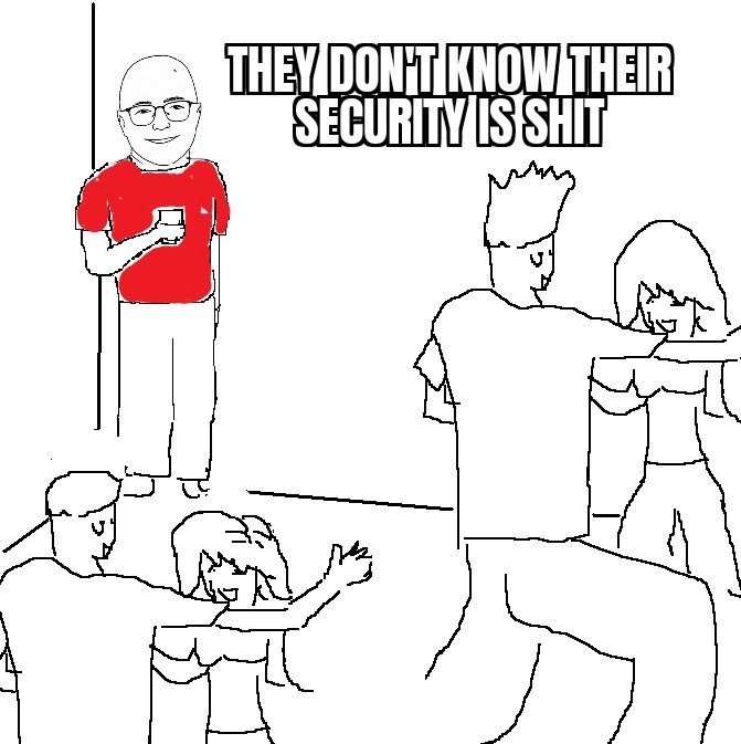 A meme using the 'NPC Wojak' template where a man in a red shirt observes partygoers, with the text "THEY DON'T KNOW THEIR SECURITY IS SHIT".