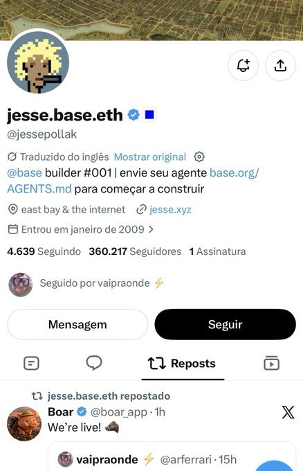 A Twitter/X profile screenshot for 'jesse.base.eth' (@jessepollak), a Base builder with 360,217 followers, displaying a bio in Portuguese.
