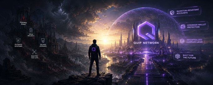 The image features a man standing at the top of a cliff, overlooking a cityscape with buildings that appear to be made entirely out of purple and blue hues. The sky above them is filled with clouds, creating an atmospheric backdrop for this scene. The caption provided below the image reads "crypto moves fast but security upgrades usually don' t. that'S why a lot of risks get ignored until they become impossible to ignore." This statement seems to be related to the content of the image and could possibly be a reference to the crypto world or the importance of security in it.