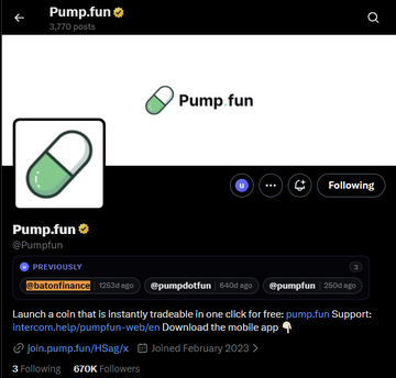 A screenshot of the Pump.fun Twitter/X profile (@Pumpfun) with 670K followers, showing a post about launching instantly tradable coins with hashtags #pumptofinance, #pumpdotfun, and #pumpfun.