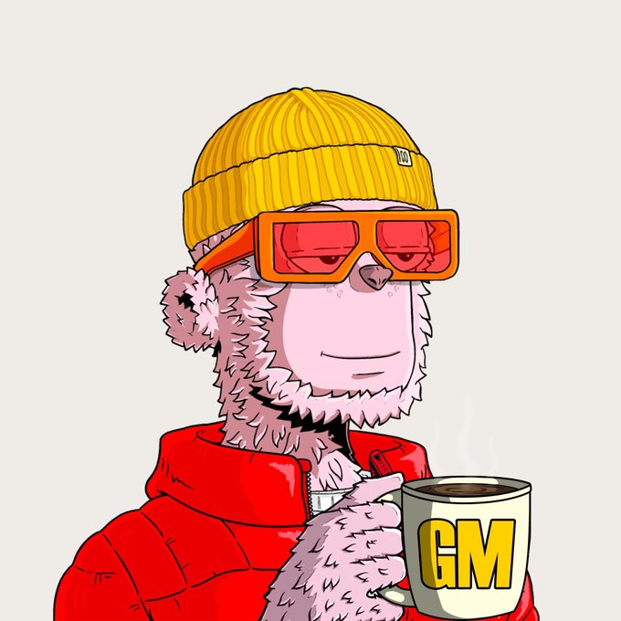 A cartoon polar bear wearing a yellow beanie, orange sunglasses, and red jacket holds a mug labeled 'GM' while smoking.