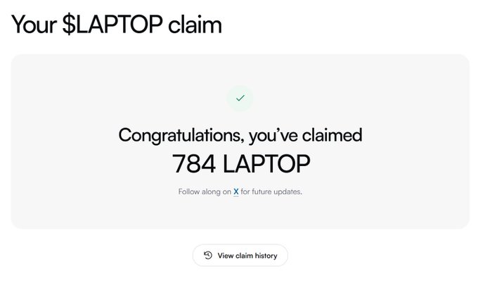The image shows a confirmation screen titled "Your $LAPTOP claim," displaying a success message that reads "Congratulations, you've claimed 784 LAPTOP," with a prompt to follow along on X for future updates, and a "View claim history" button below. This aligns with the post, which humorously implies the user received a free $3,000 USD by dumping the $LAPTOP token in small chunks, playfully attributing the windfall to HunterBiden while joking about being tipped off late.