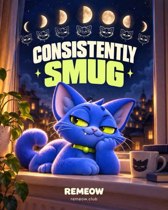 A digital illustration features a smug-looking blue cartoon cat sitting by a window with moon phases displayed above, accompanied by the bold text 'CONSISTENTLY SMUG' and the brand name 'REMEOW' with 'remeow.club' below.
