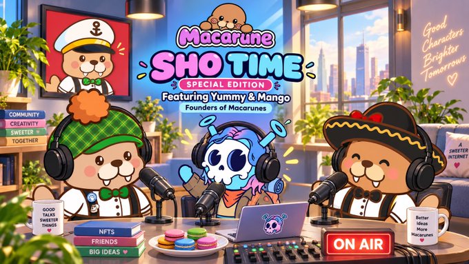 A cartoon-style promotional image for "Macarune SHO TIME SPECIAL EDITION" featuring bear mascots in a podcast studio with "ON AIR" lit, promoting community, creativity, and "Yummy & Mango" founders.