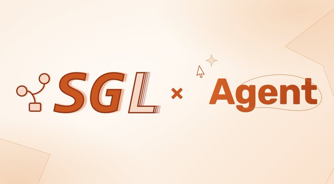 The image displays the text "SGL × Agent" in bold orange lettering on a peach background, with small decorative graphics including a connected node icon, a cursor, and a sparkle. The graphic visually reinforces the post's theme by highlighting the partnership or collaboration between SGL (likely a framework) and an Agent system, symbolizing the synergy driving the speedup achievements mentioned and the forward momentum of the Humanize/KDA journey.