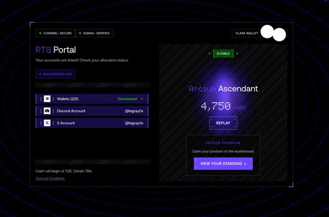 The image shows a webpage for an Ar calcium checker, with purple and black hues as well as white text. The text indicates that Ar calcium is live and invites you to click on its portal. The screen also displays details such as user account name, social security number, email address, and password strength. Additionally, the website allows users to check their accounts and update them if needed. The image features a chatbot at the top of the page, which seems to be an automated message that provides assistance for the user's needs related to Ar calcium account management.